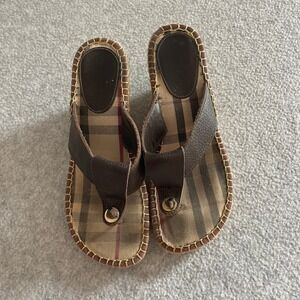 Burberry Leather Espadrille Wedge Sandals Brown Thong Size 37 Spain